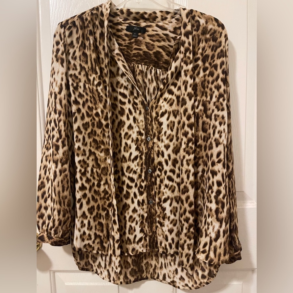 J. Crew • Leopard Print Tie Neck Blouse - Picture 3 of 9